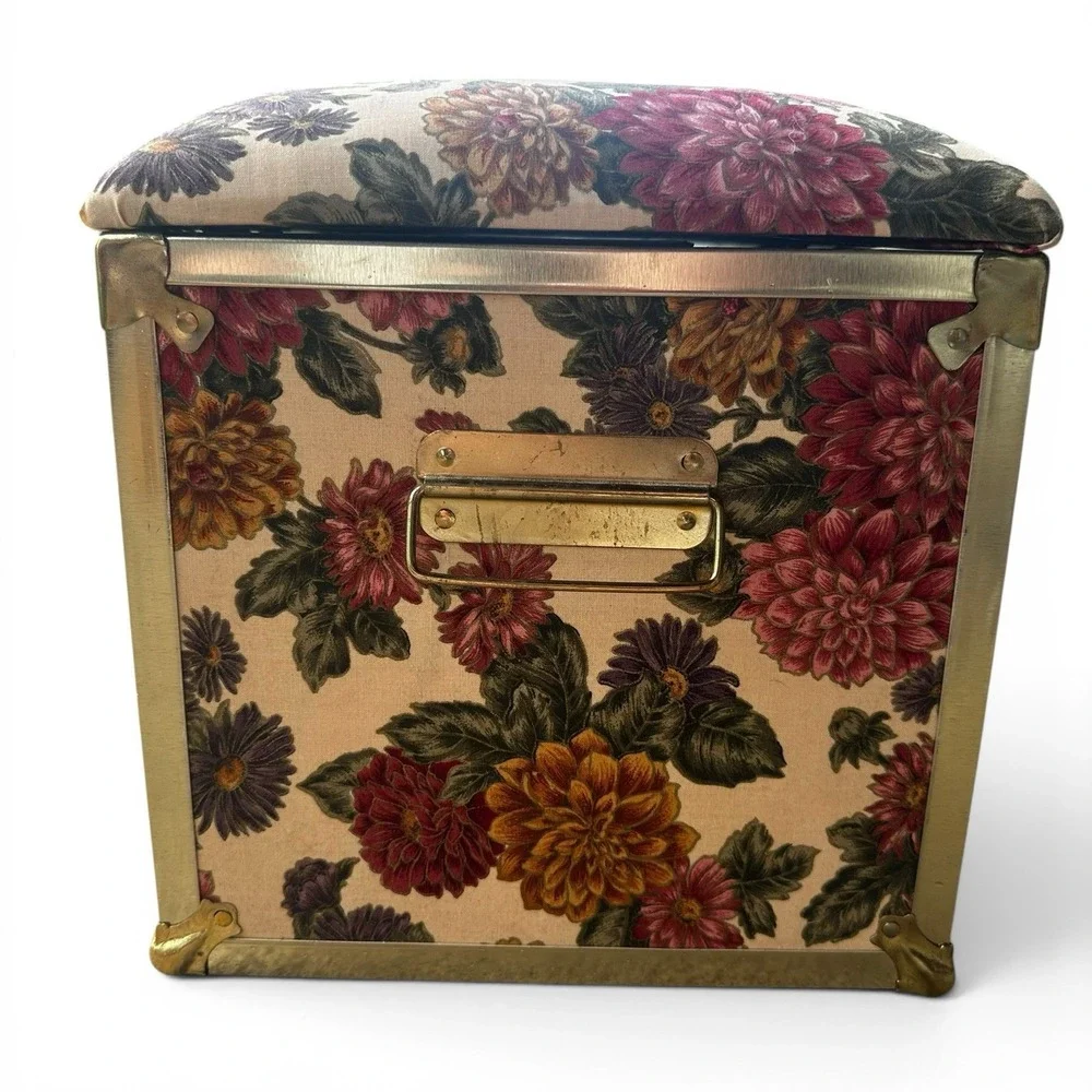 Vintage Deco Trunk Co Floral Flower Fabric Trunk Box Sewing Storage Brass Granny